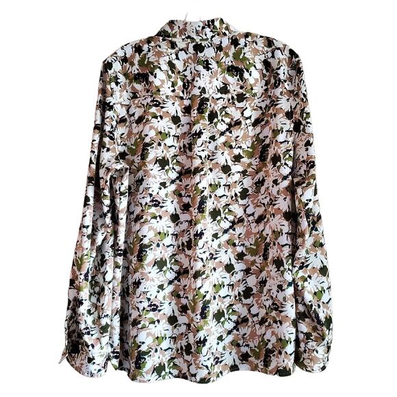 JONES NEW YORK L Shirt Button Up Long Roll Tab Sleeve Green Beige Satiny Bust 42 - Picture 8 of 8